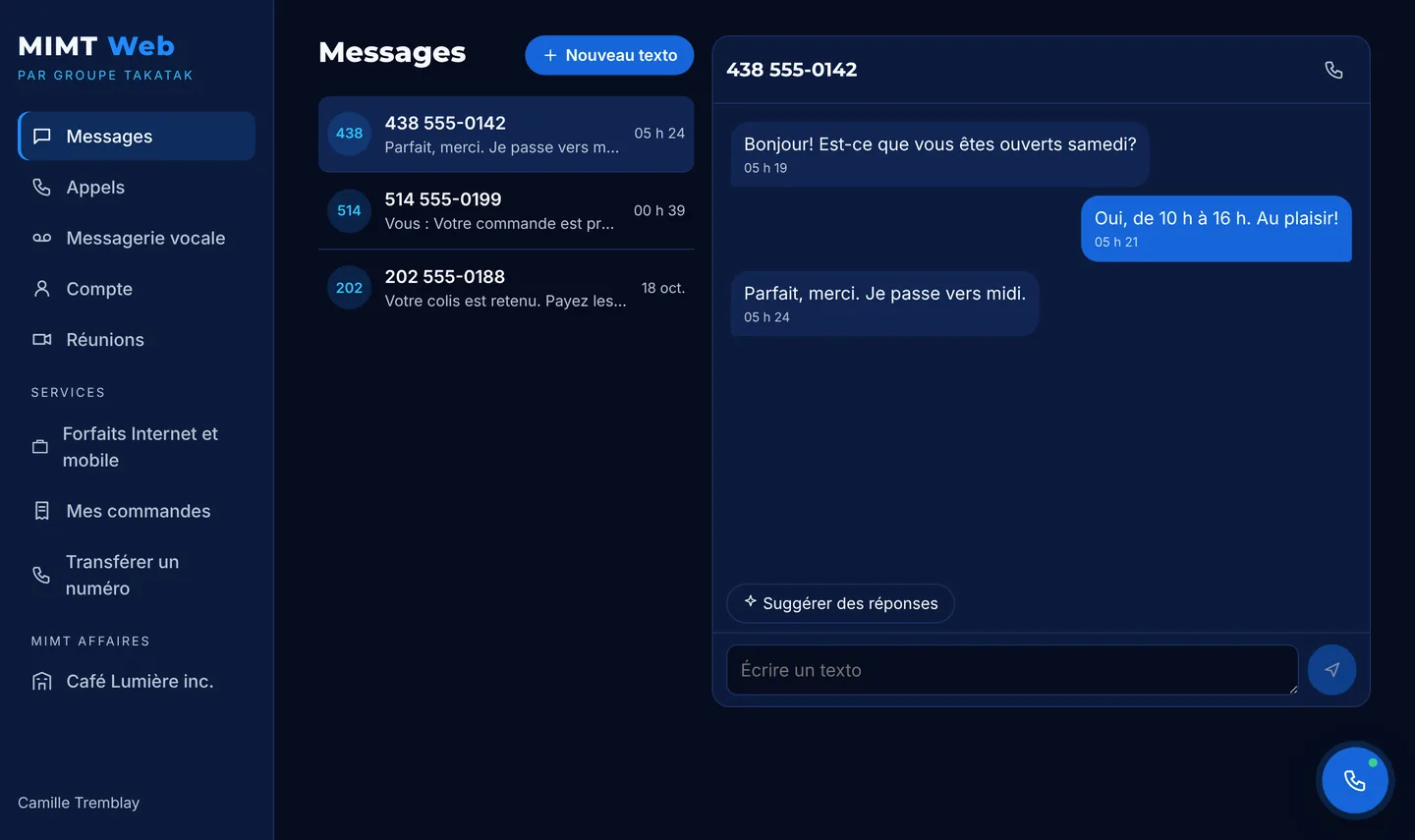 app.mimt.ca dans le navigateur : la liste des conversations et un échange texto